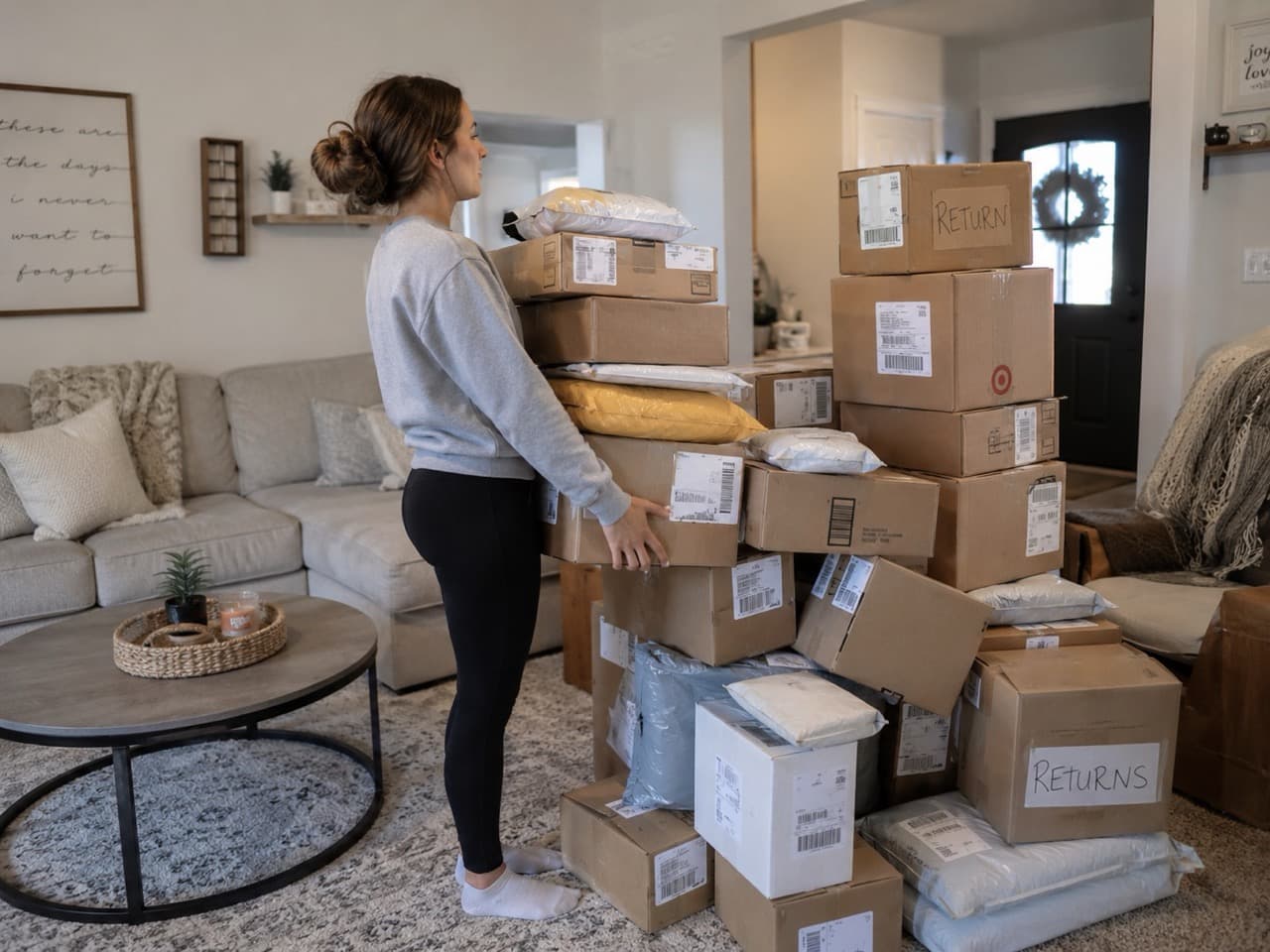 A woman standing beside a large pile of delivery boxes labeled returns
